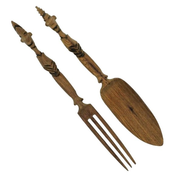 vintage Other - Vintage Large Wooden Fork Spoon Set Carved Tribal Decor Salad Serving Ware Tiki